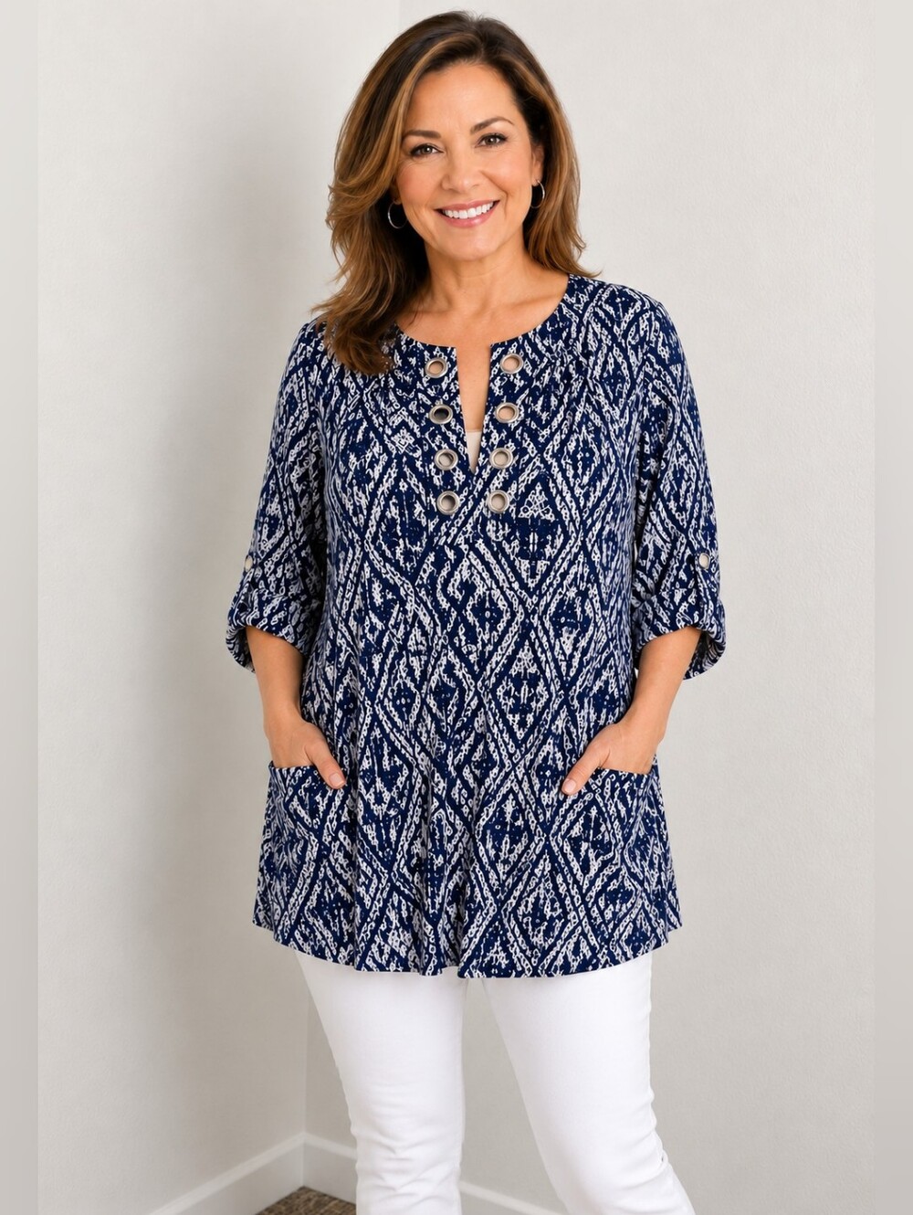 Saint Tropez West Navy & White Tunic, Grommet Neckline, Pockets, Size Medium